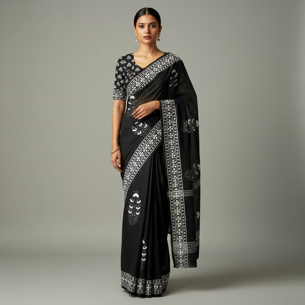 Black Handblock Mul Cotton Workwear Saree