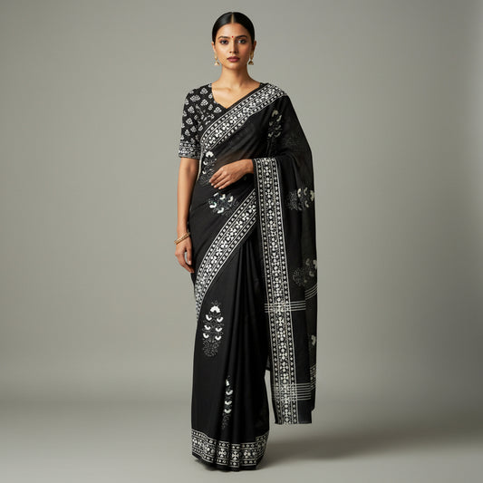 Black Handblock Mul Cotton Workwear Saree