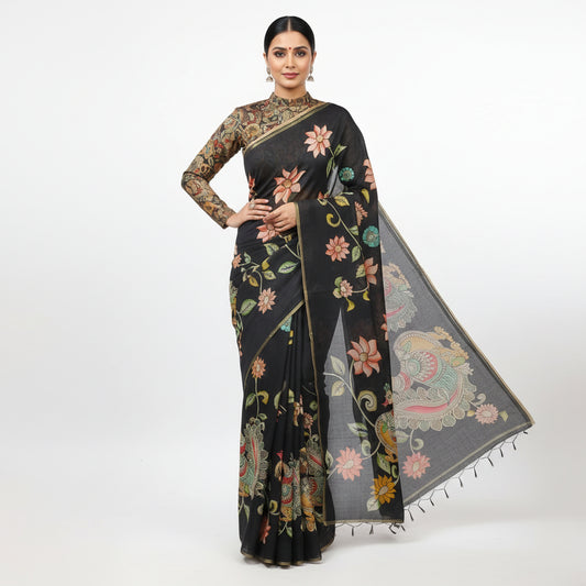 Black Kalamkari Muga Cotton Silk Workwear Saree