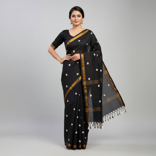 Parijat Black Khadi Cotton Saree