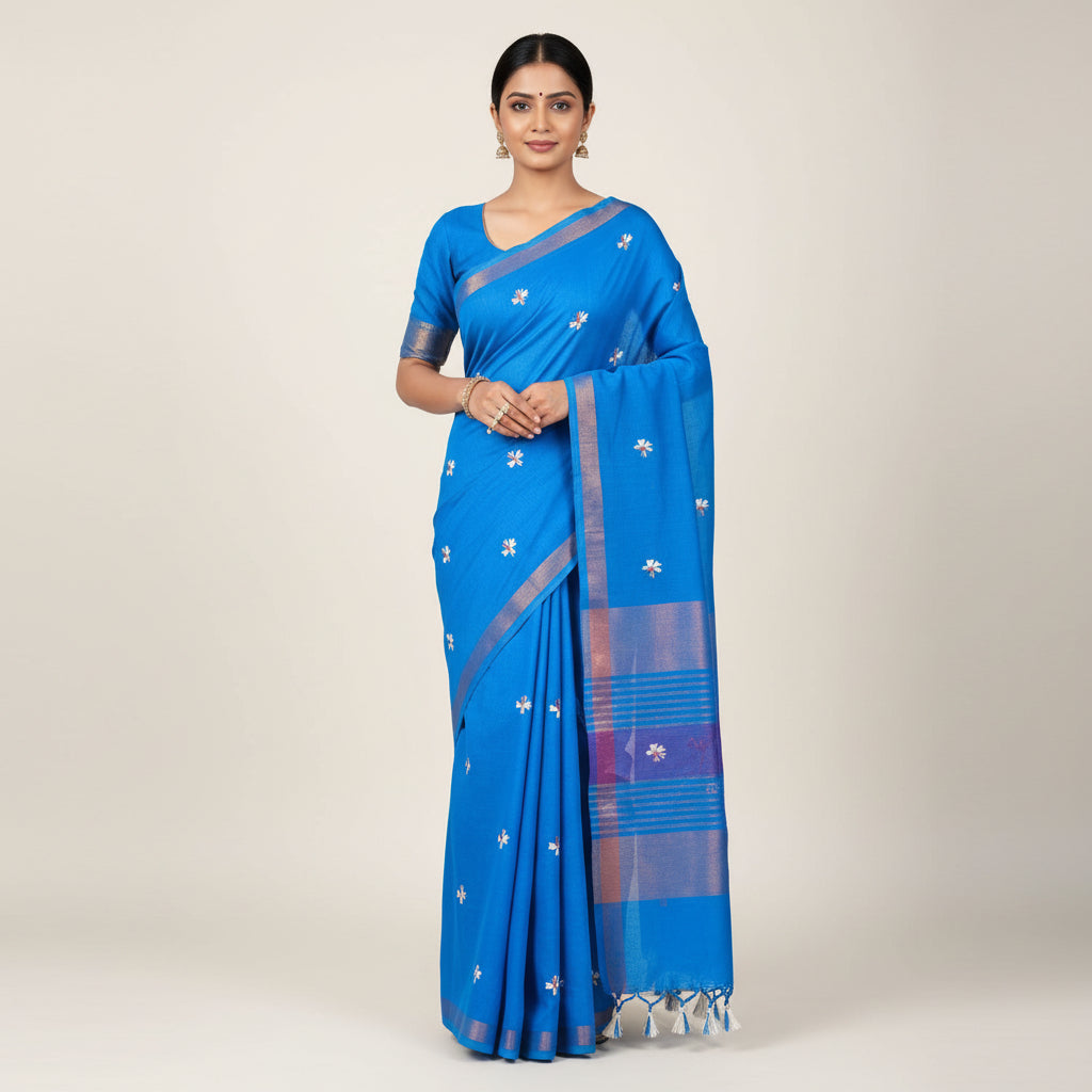 Parijat Blue Khadi Cotton Saree