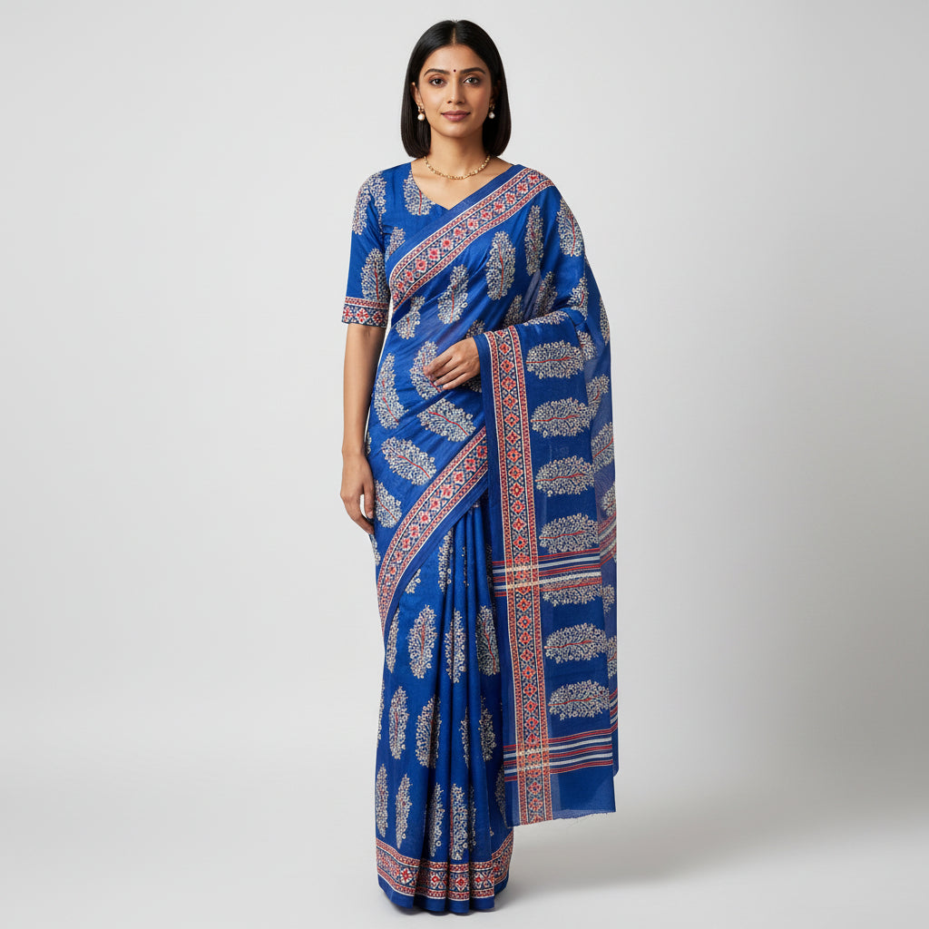 Blue Mul Cotton Workwear Saree