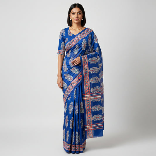 Blue Mul Cotton Workwear Saree
