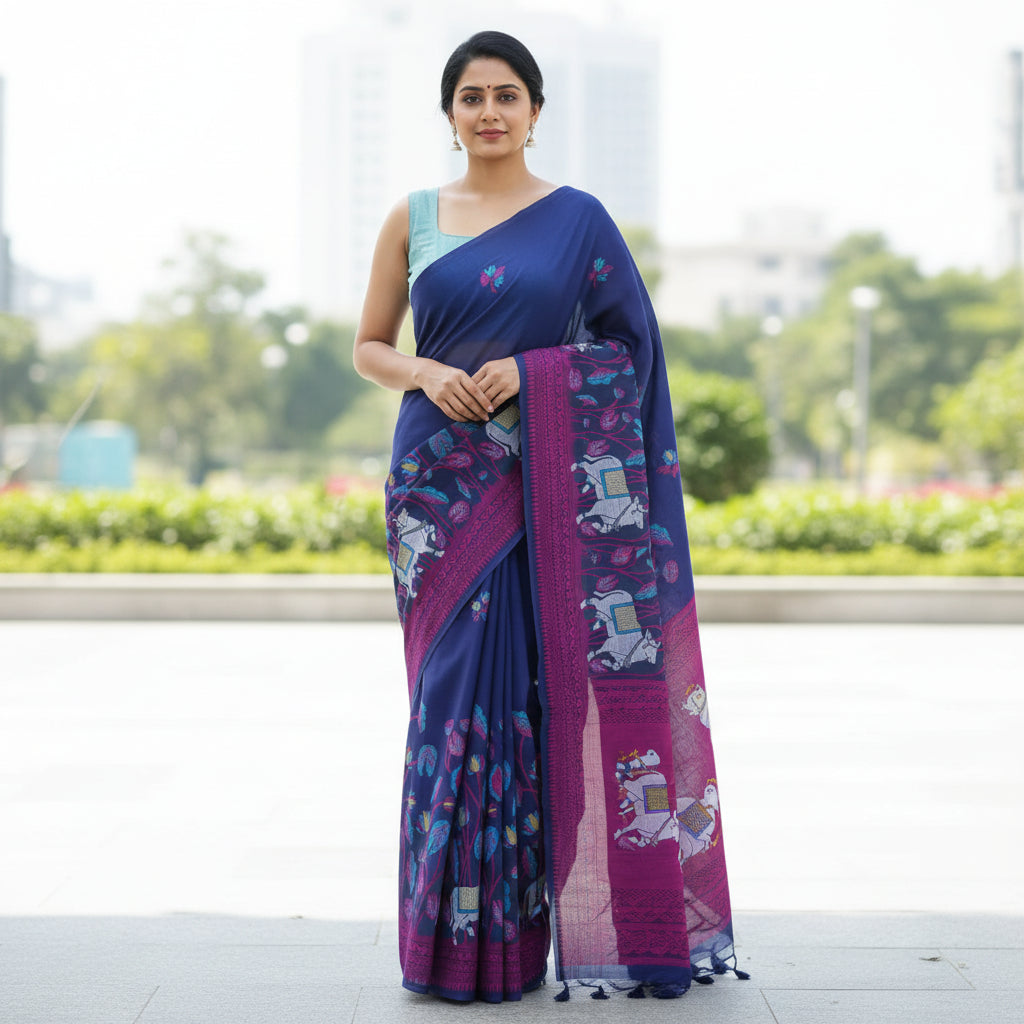 Blue Muga Cotton Silk Pichwai Workwear Saree