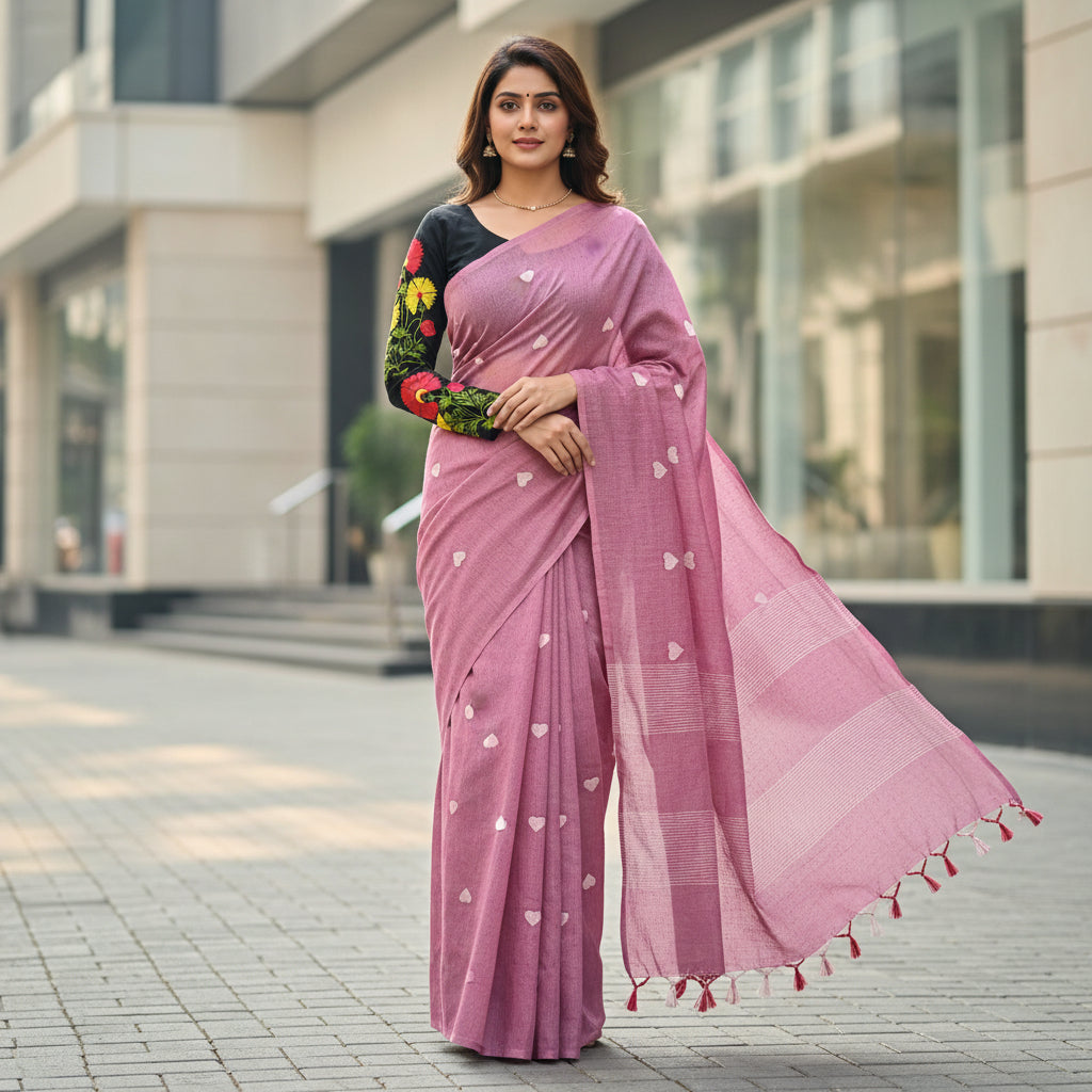 Pink Soft Khadi Cotton Heart Print Saree