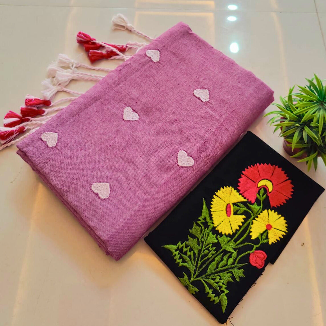 Pink Soft Khadi Cotton Heart Print Saree