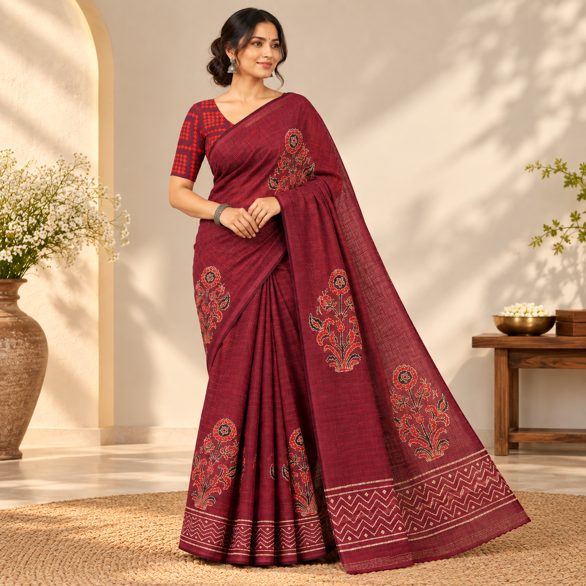 maroon kota doria saree