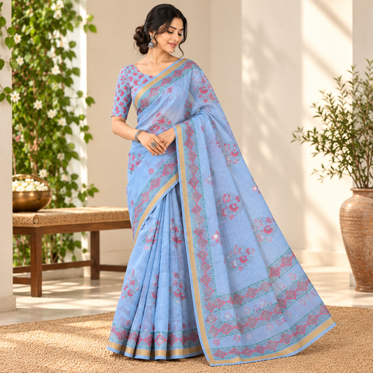 Sky blue kota doria saree