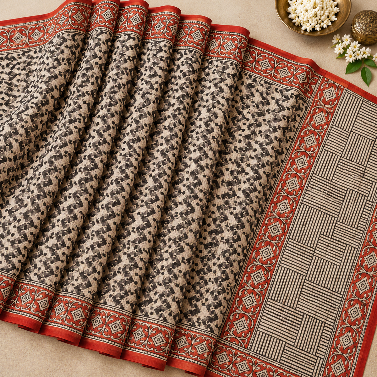 Beige-rust chevron print saree