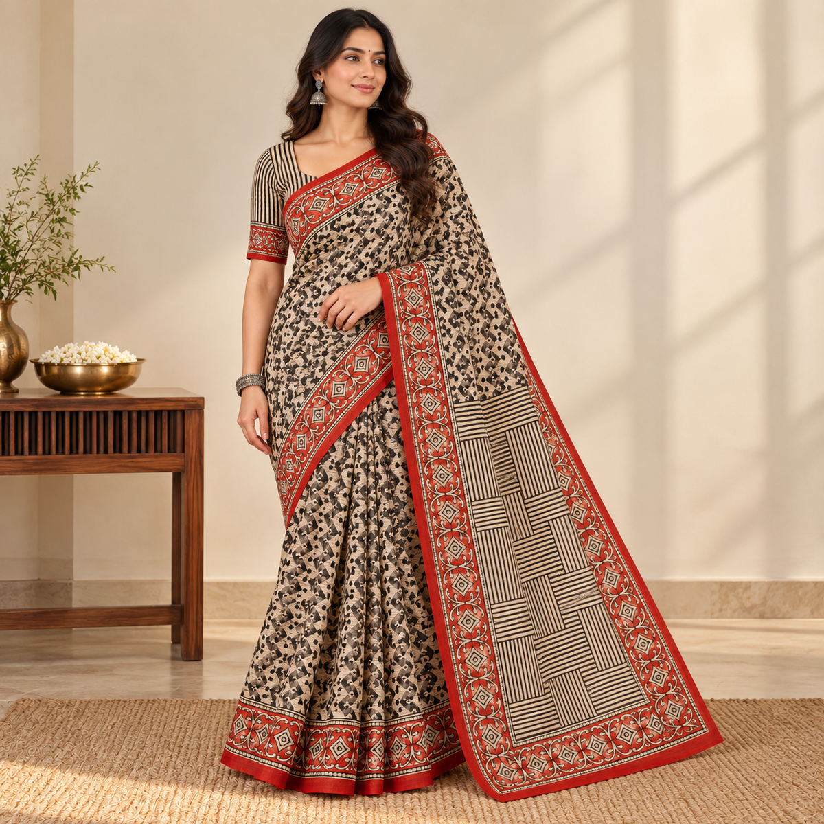 Beige-rust chevron print saree