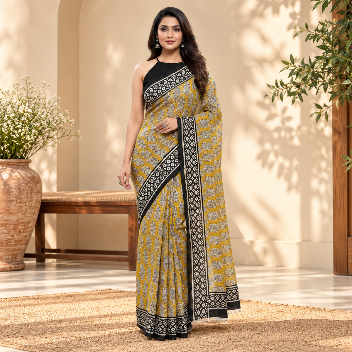 Mustard yellow kota doria saree
