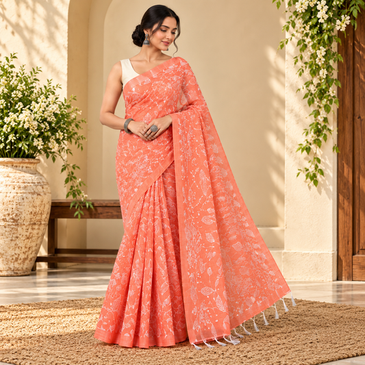Peach Kota Doria Saree