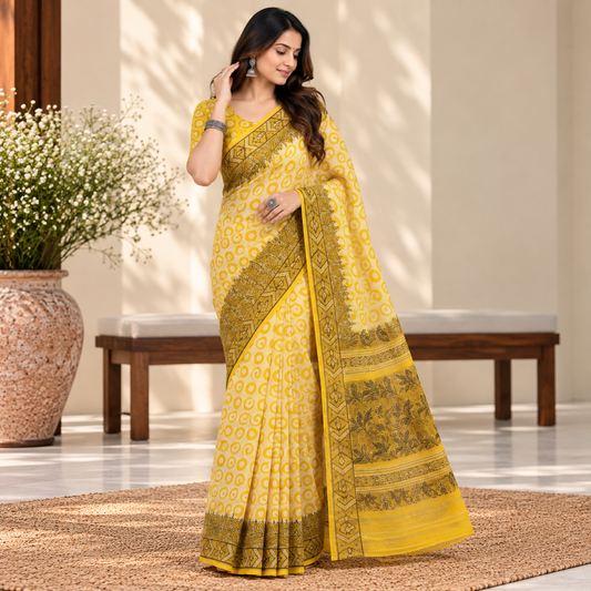 Yellow Kota doria saree