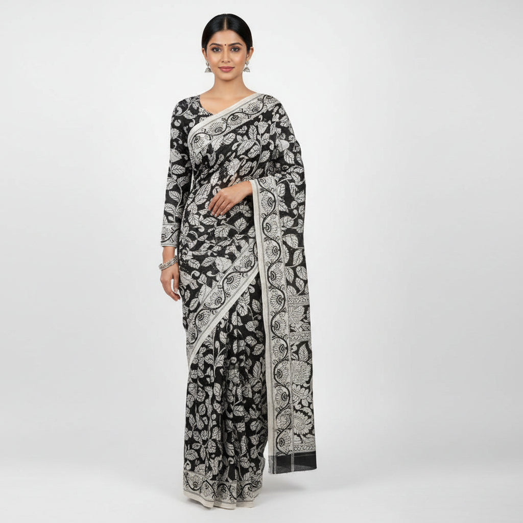 Black and white floral patterned saree