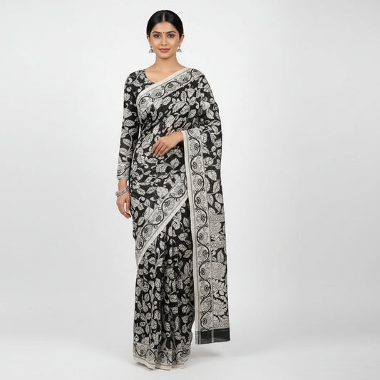Black and white floral patterned saree