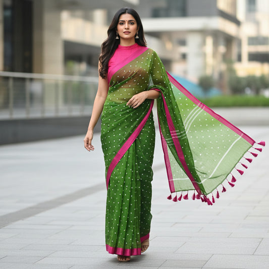 Polka Green Mul Cotton Saree
