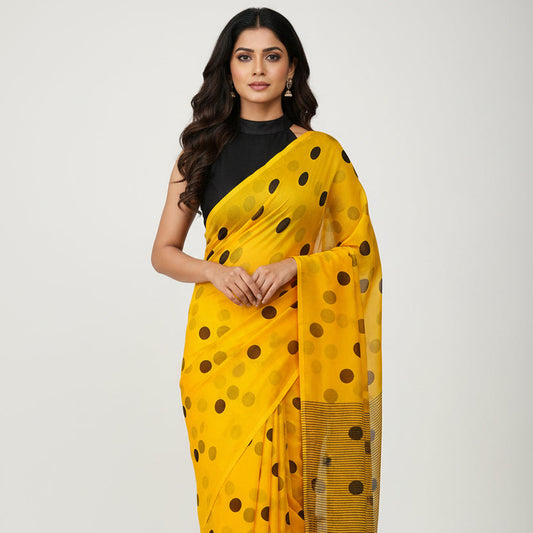 Yellow Polka Mul Cotton Saree
