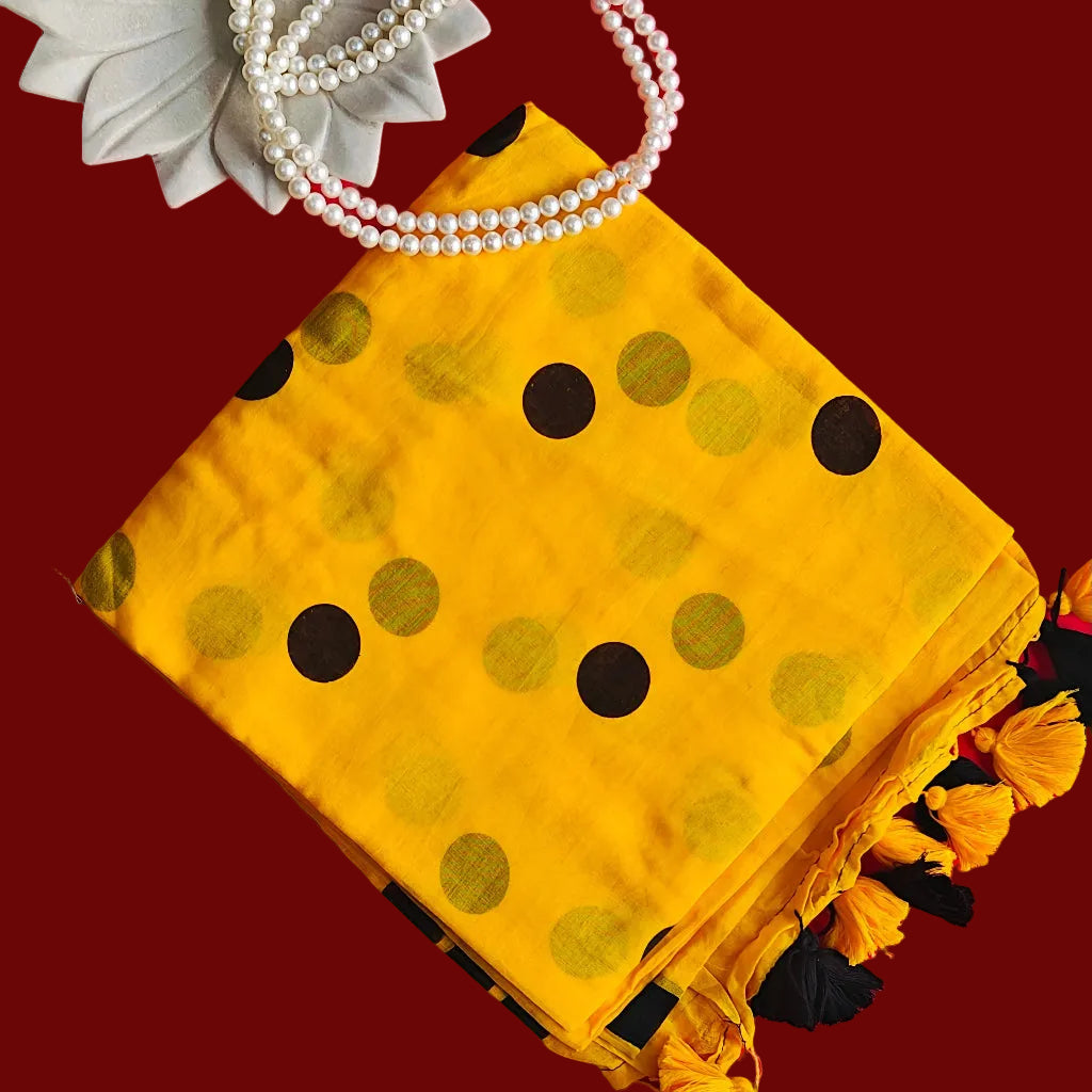 Yellow Polka Mul Cotton Saree