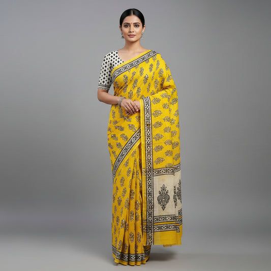Yellow Mul Cotton Workwear Saree