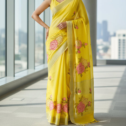 Yellow Linen Cotton Embroidered Saree