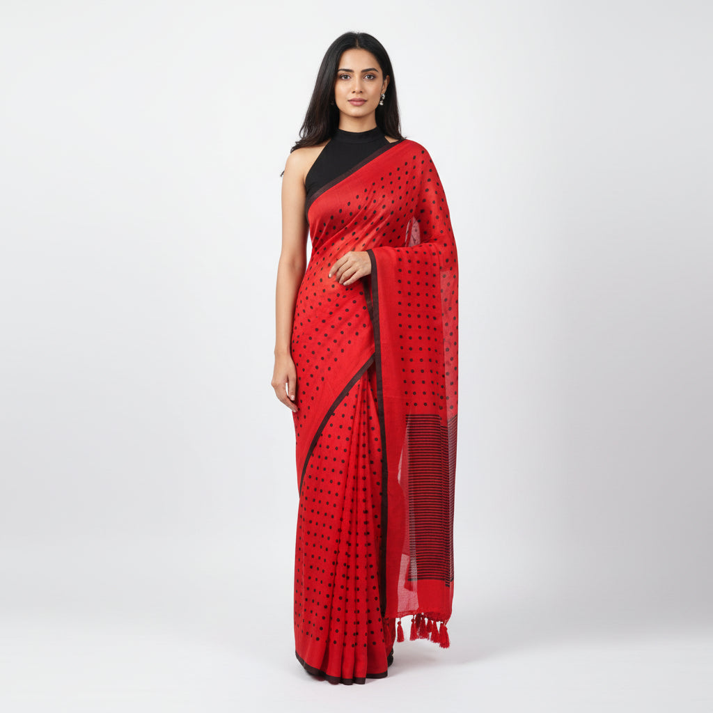 Polka Red Mul Cotton Saree