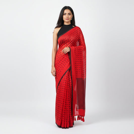 Polka Red Mul Cotton Saree