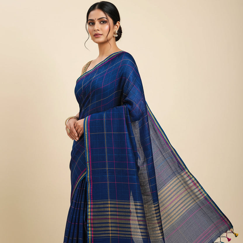 Blue Rainbow Checks Cotton Saree