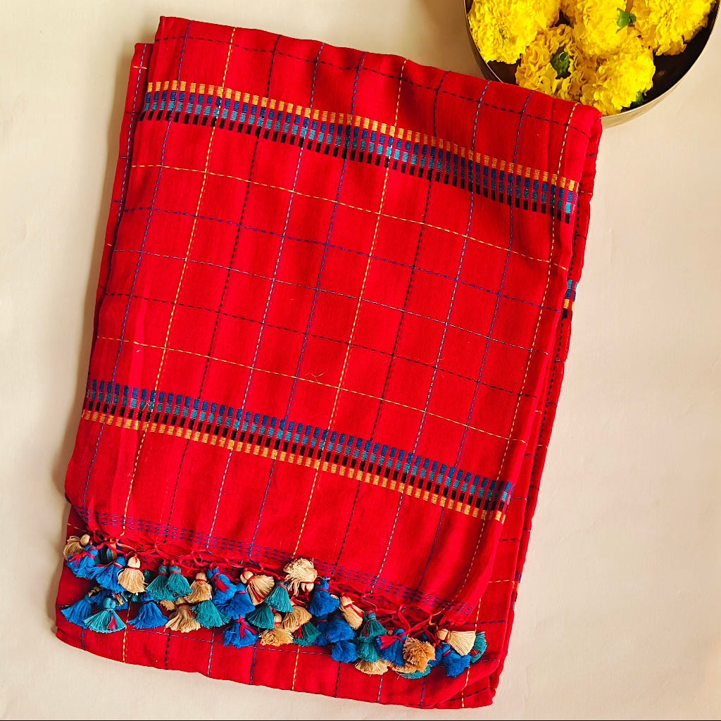 Red Rainbow Checks Cotton Saree