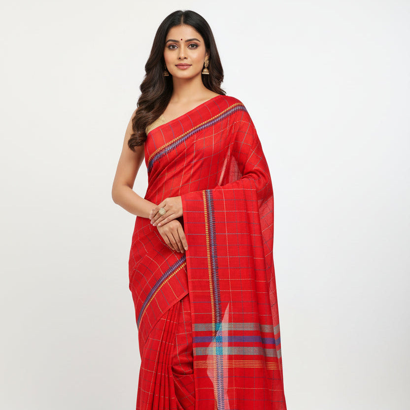 Red Rainbow Checks Cotton Saree