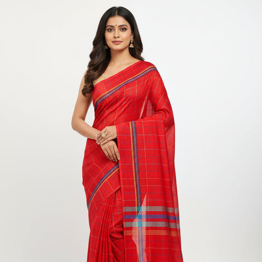 Red Rainbow Checks Cotton Saree