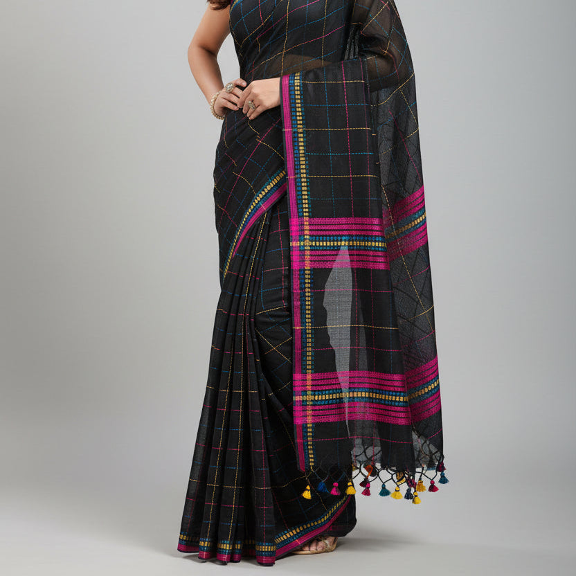 Black Check Pattern Organic Linen Workwear Saree