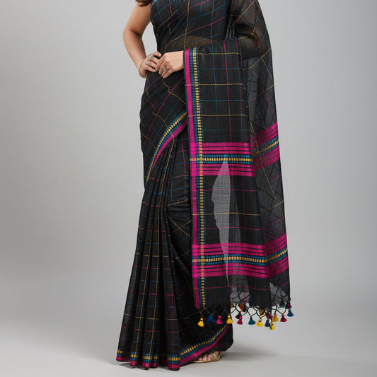 Black Rainbow Checks Cotton Saree