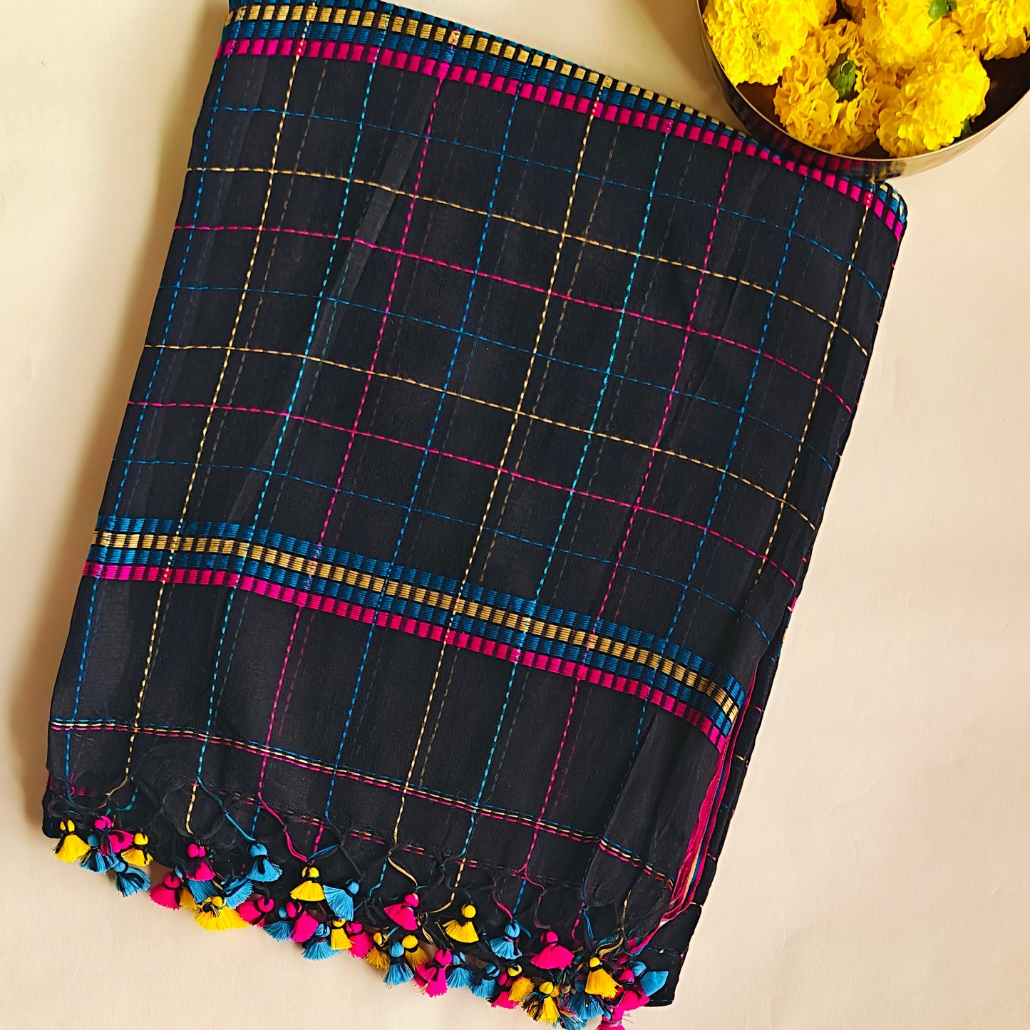 Black Check Pattern Organic Linen Workwear Saree