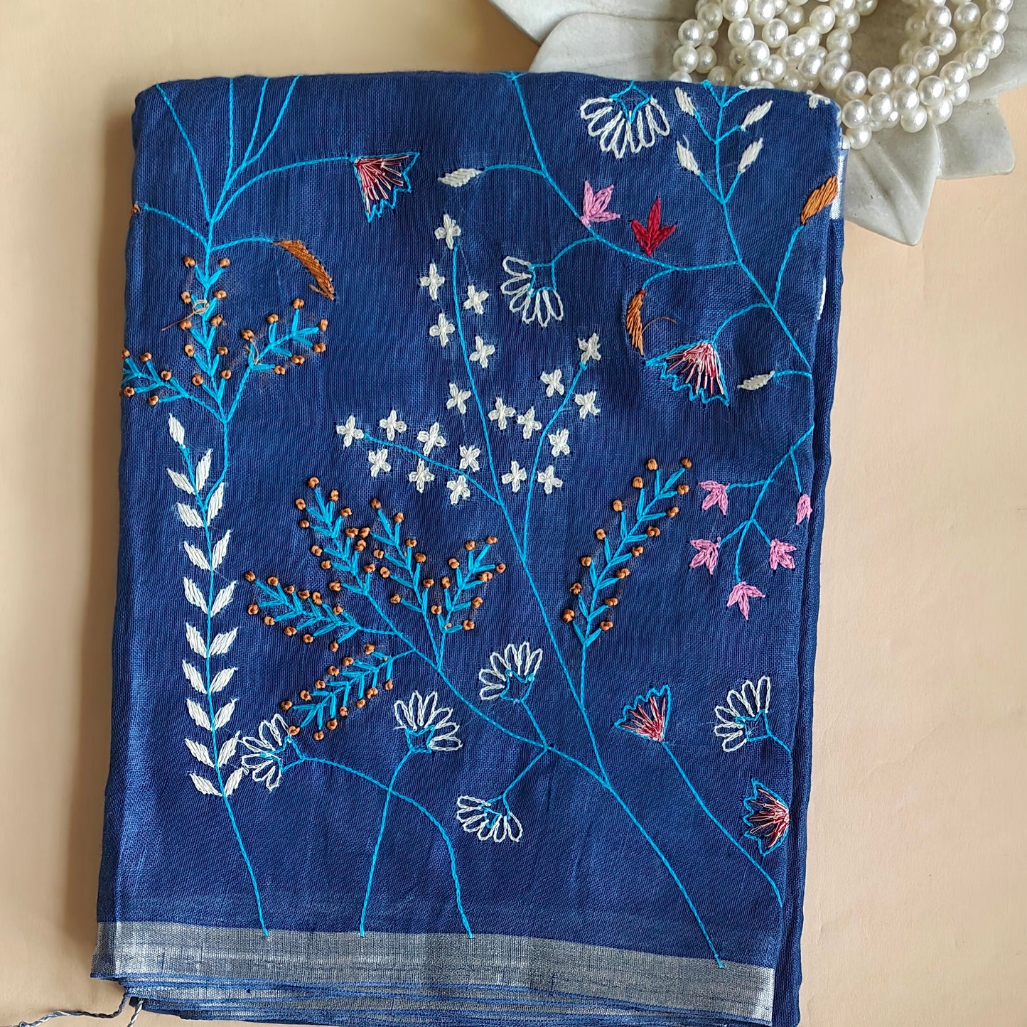 Blue Linen Hand Embroidered Workwear Saree