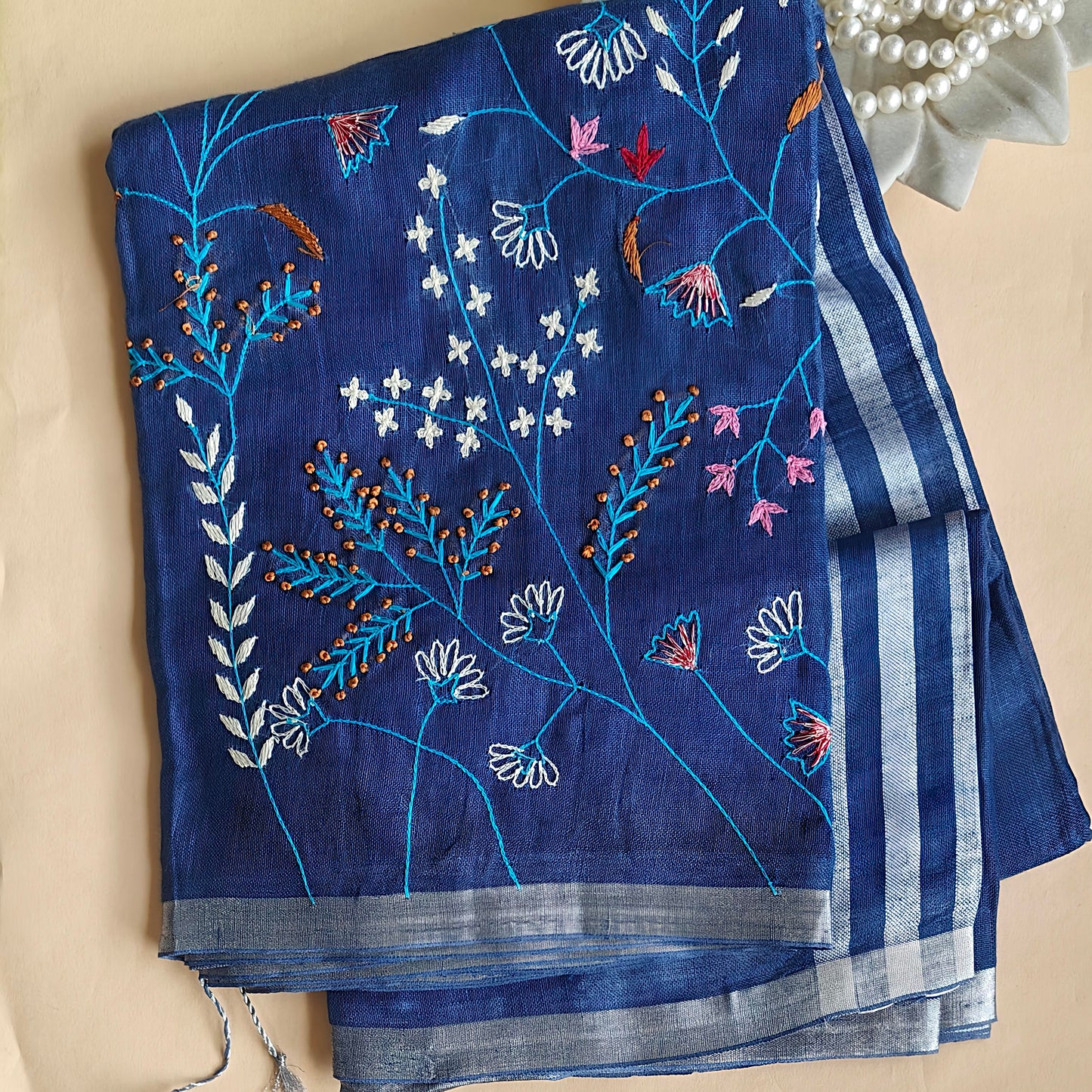 Blue Linen Hand Embroidered Workwear Saree