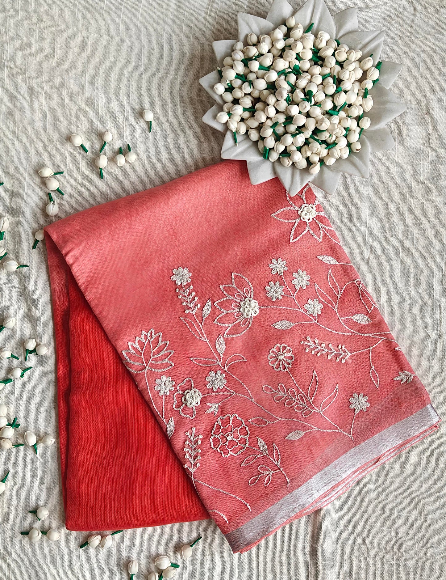 Peach Linen Hand Embroidered Workwear Saree