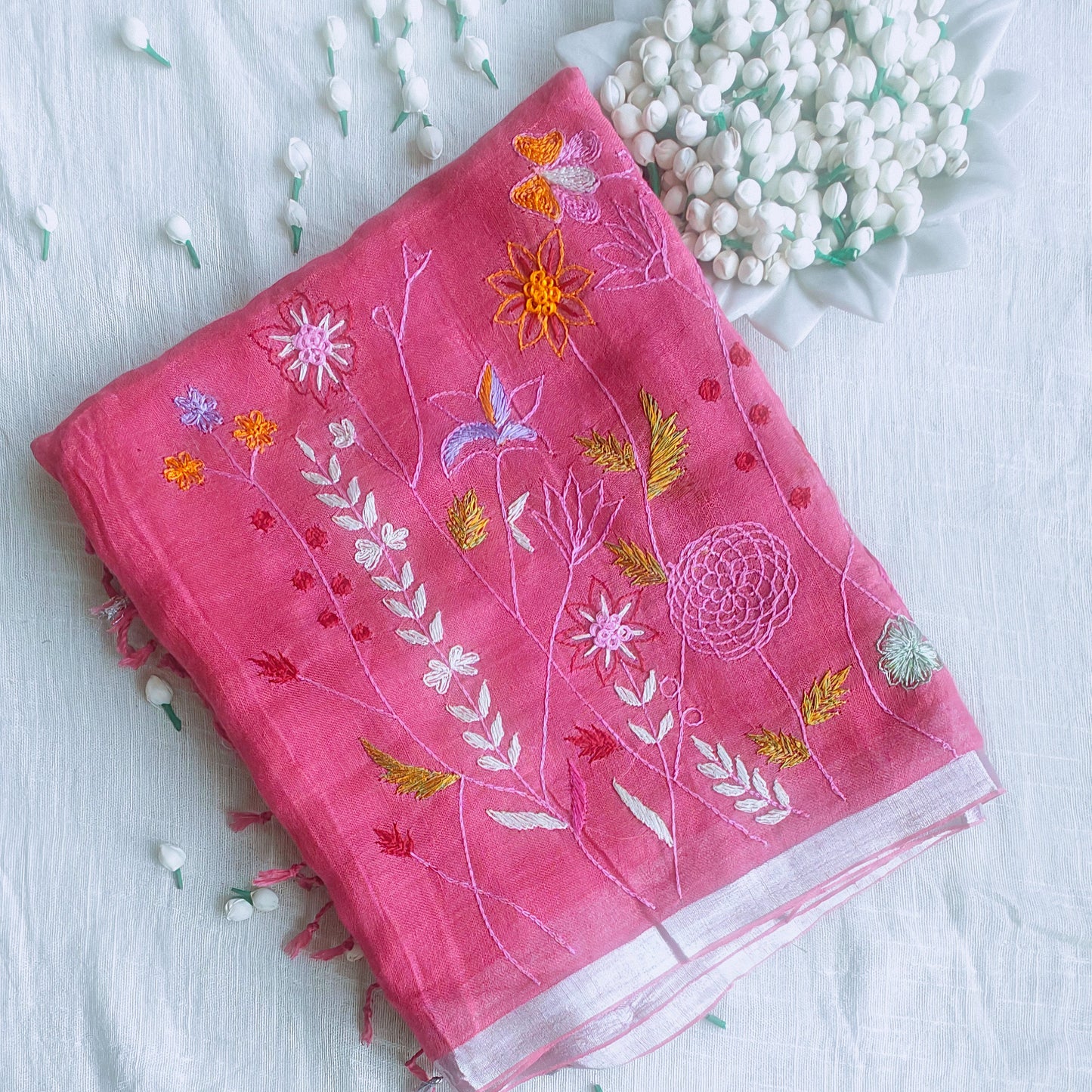 Pink Linen Hand Embroidered Workwear Saree
