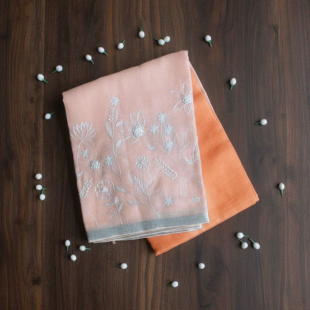 Two fabric swatches, one with floral embroidery and the other plain, on a light background.