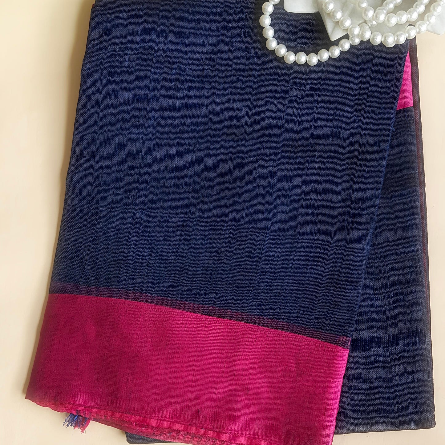 Navy-Blue Plain Linen Workwear Saree