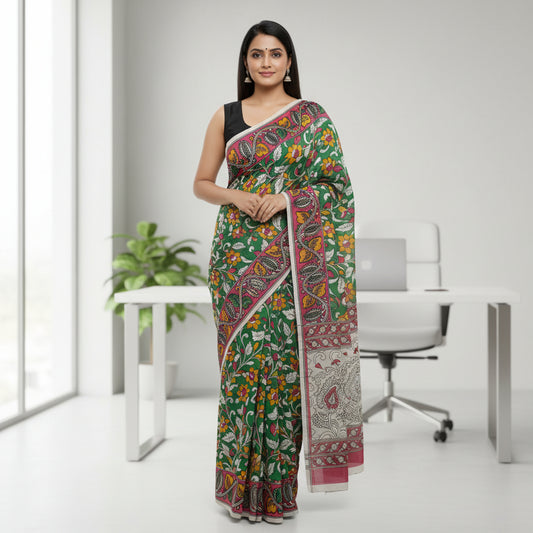 Green Soft Cotton Kalamkari Saree