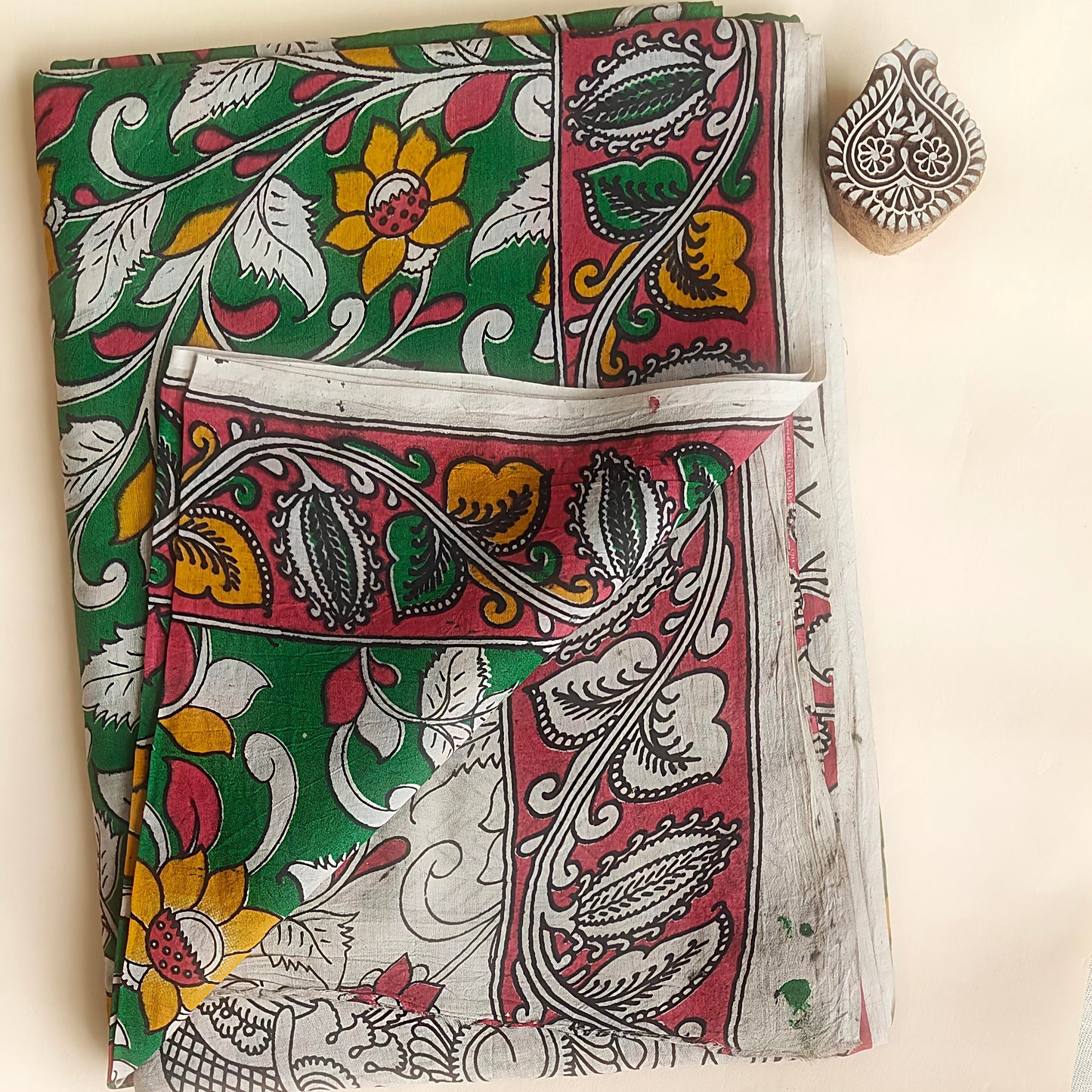 Green Soft Cotton Kalamkari Saree