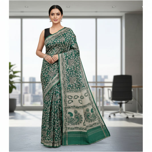Green Soft Cotton Kalamkari Saree