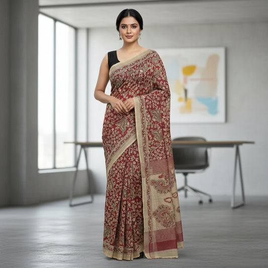 Maroon Soft Cotton Kalamkari Saree