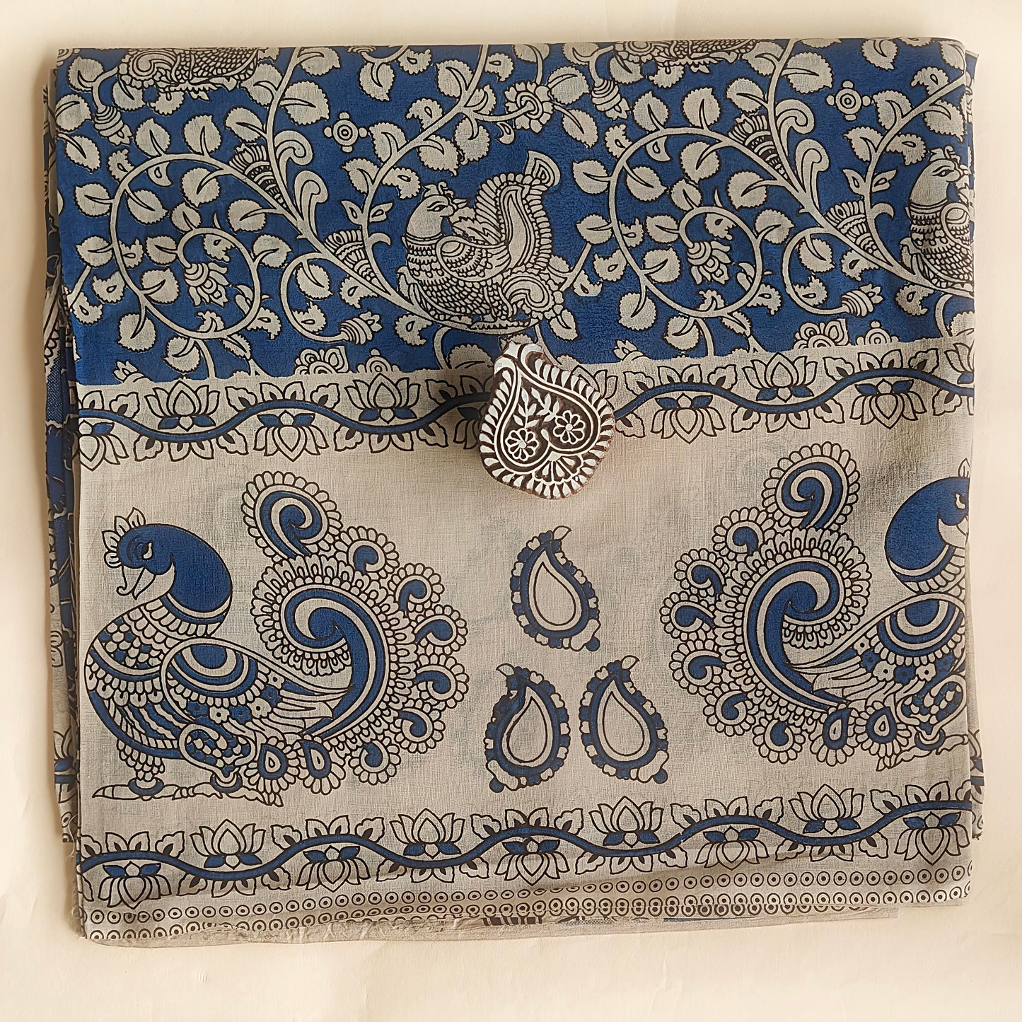 Navy-blue Soft Cotton Kalamkari Saree