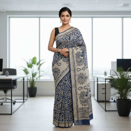 Navy-blue Soft Cotton Kalamkari Saree