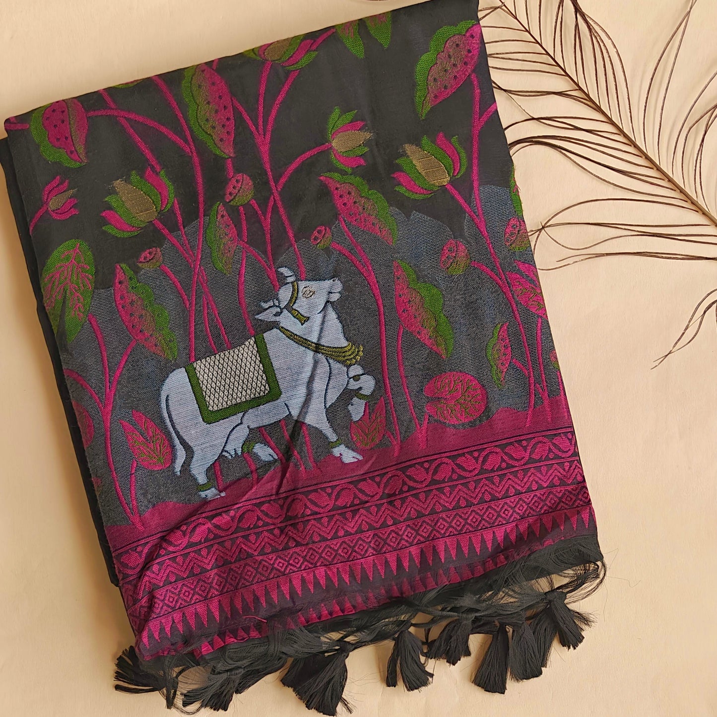 Black Muga Cotton Silk Pichwai Workwear Saree