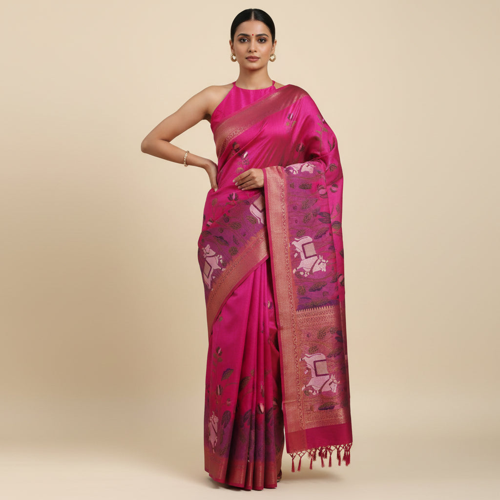 Pink Muga Cotton Silk Pichwai Workwear Saree