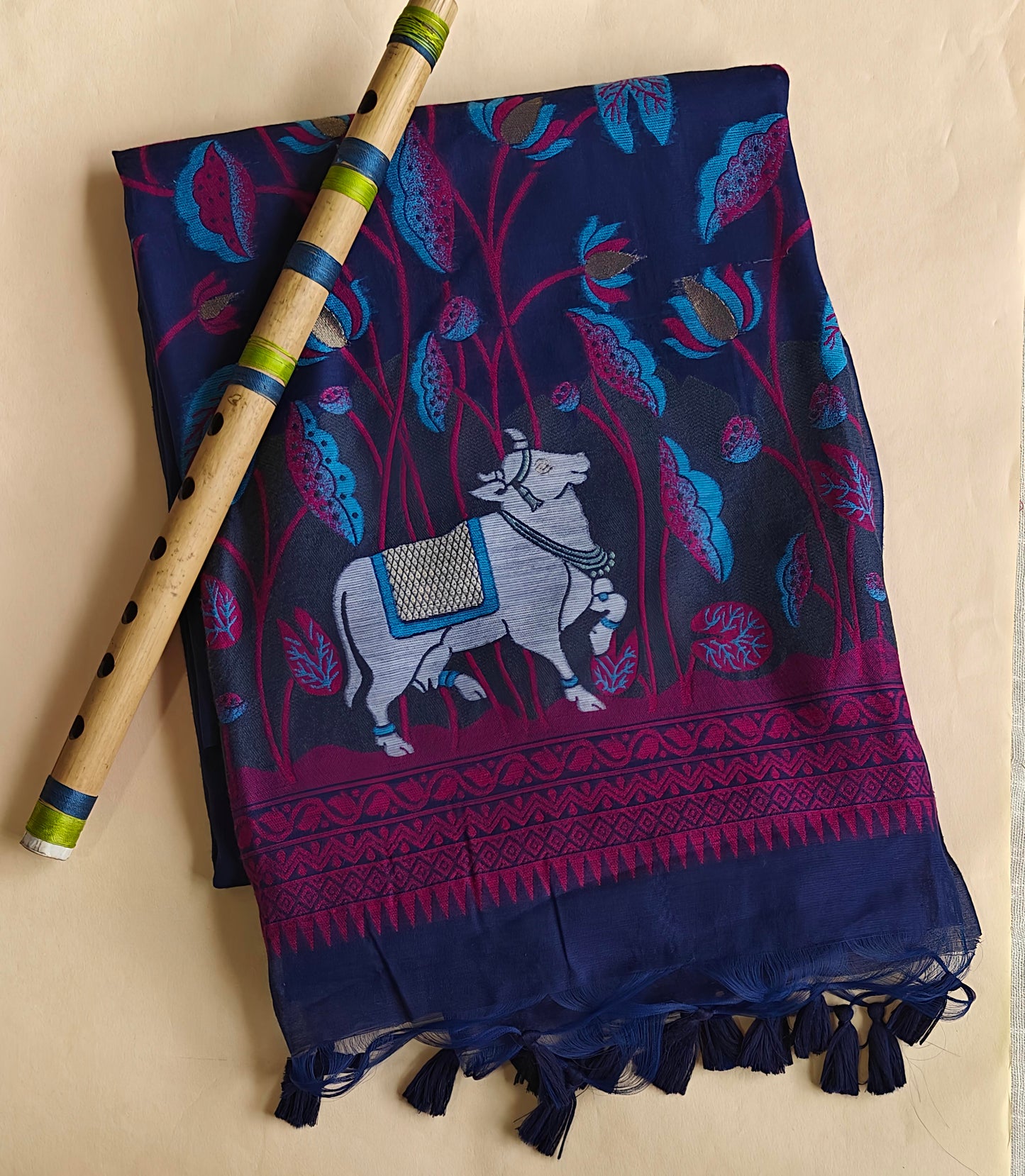 Blue Muga Cotton Silk Pichwai Workwear Saree