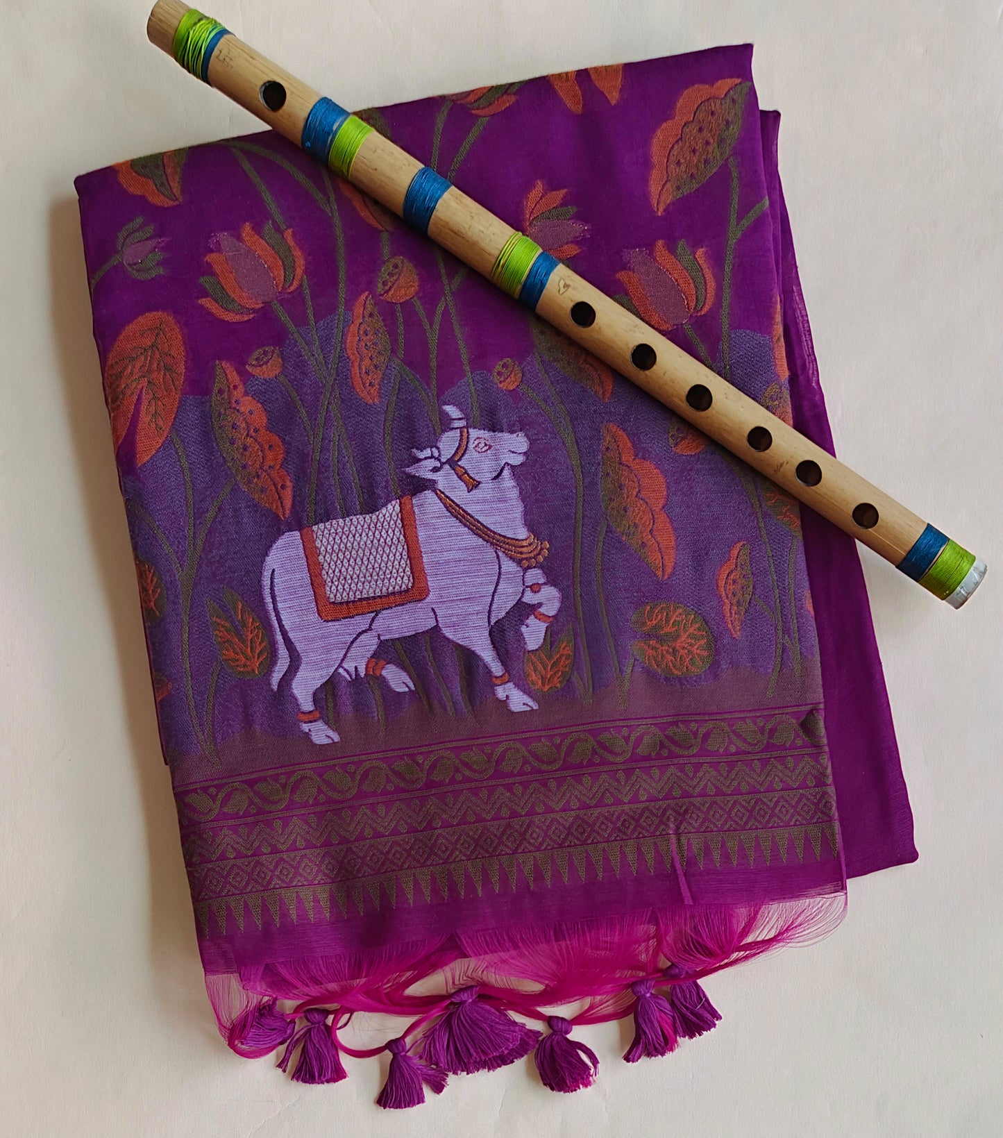 Purple Muga Cotton Silk Pichwai Workwear Saree