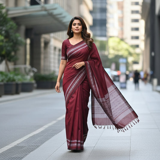 Maroon Cotton Office Wear Saree - Soft Floral Border